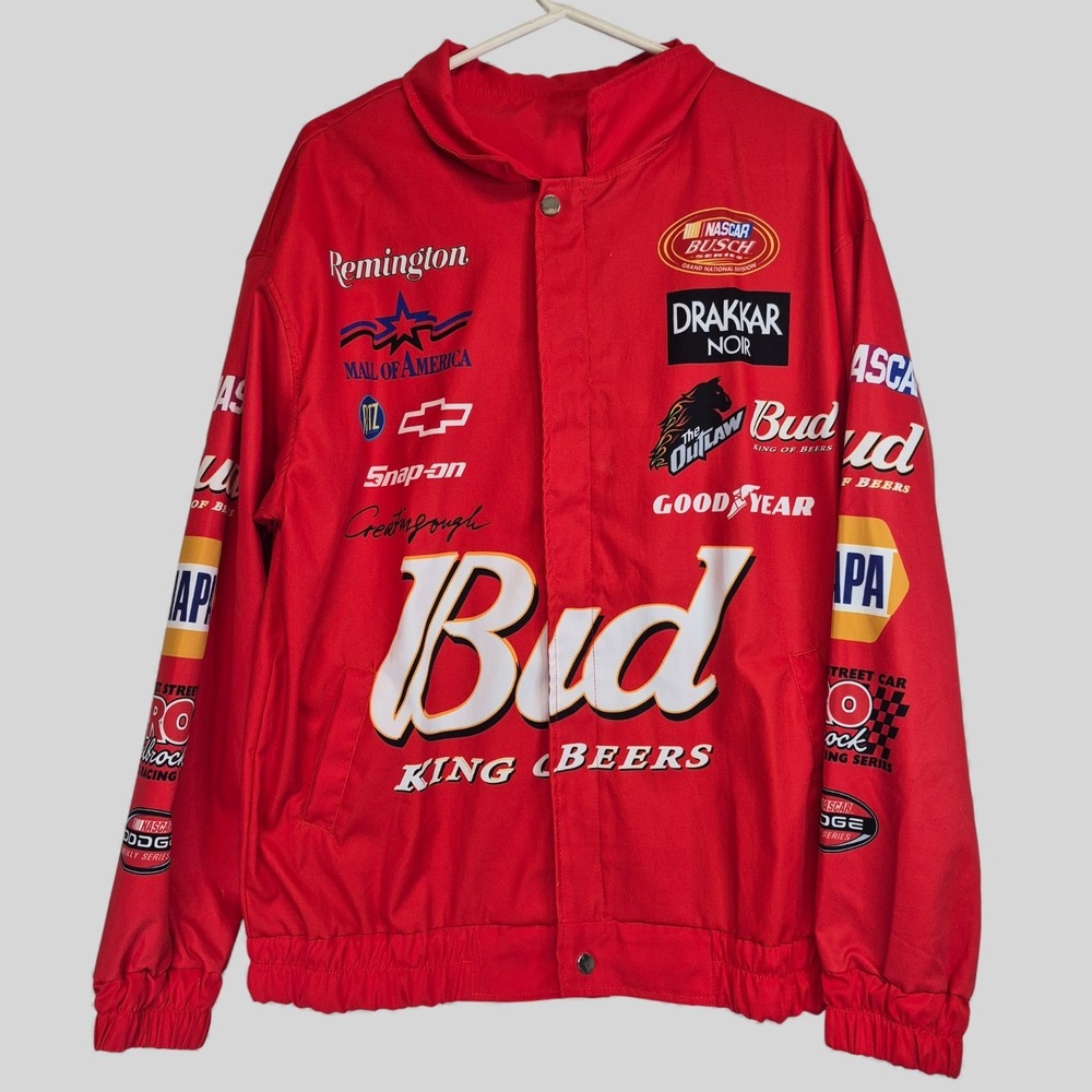 Vintage Budweiser Racing Jacket Red NASCAR Busch Series Windbreaker Mens XL